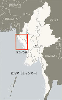 バングラデシュとビルマ（ミャンマー）国境周辺図。
